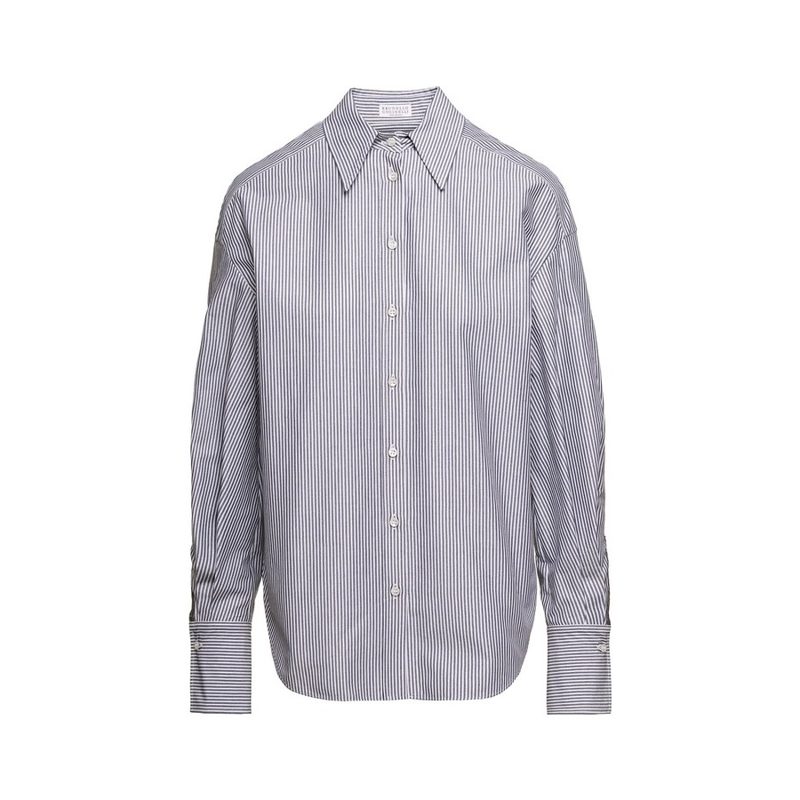 Brunello Cucinelli Womens White Blue Striped Button-Up Shirt