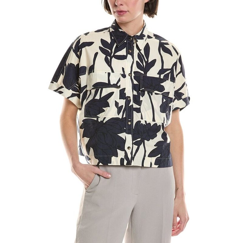 Brunello Cucinelli Womens Panama Blue Floral Short-Sleeve Shirt