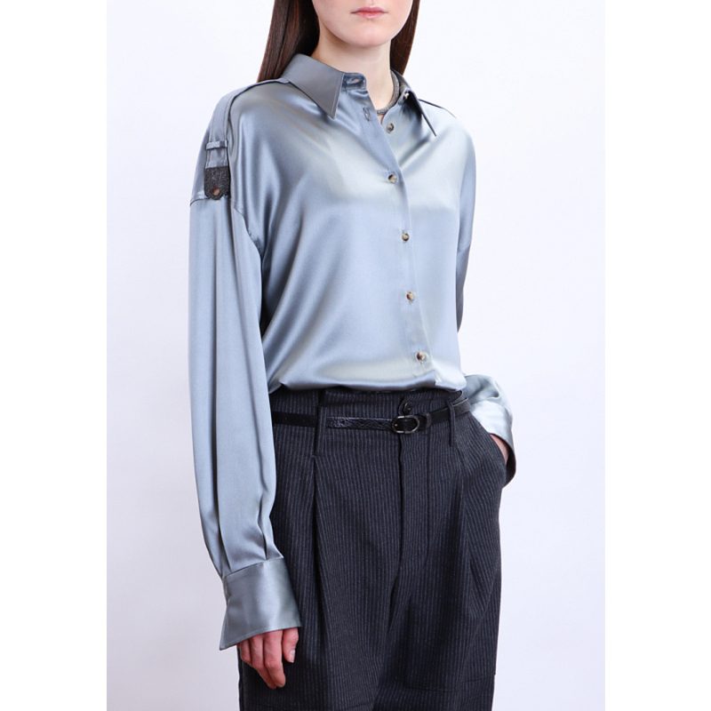 Brunello Cucinelli Womens Grey Blue Satin Button-Up Shirt