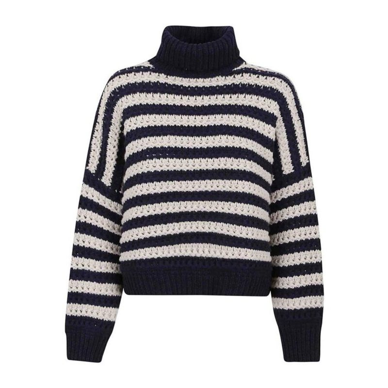Brunello Cucinelli Womens Navy Striped Turtleneck Knit Sweater