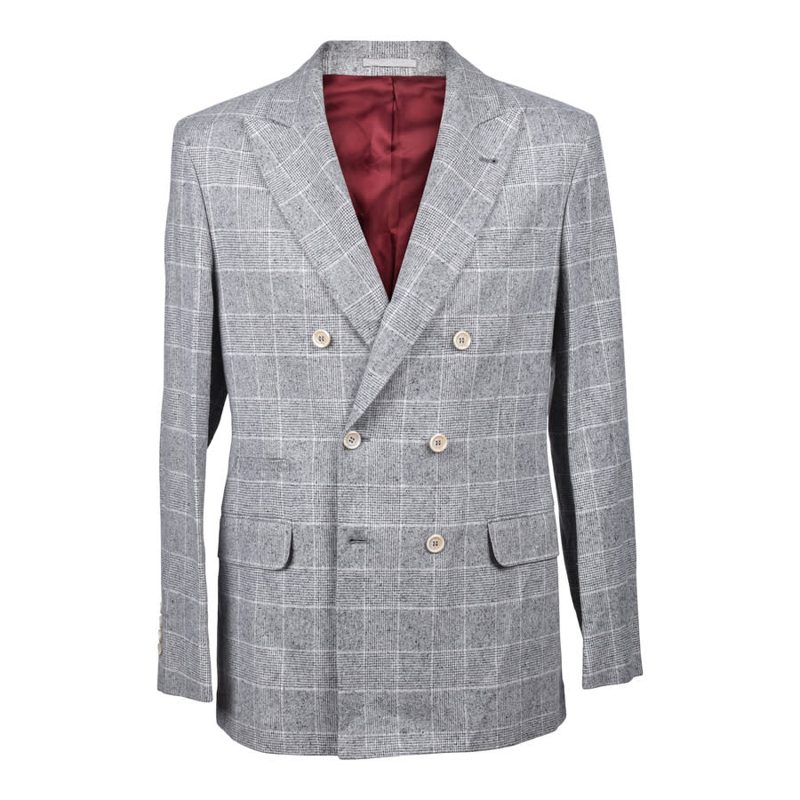 Brunello Cucinelli Pearl Grey Silk Wool Check Blazer