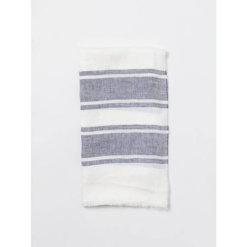 Brunello Cucinelli MenS White And Blue Linen Striped Scarf