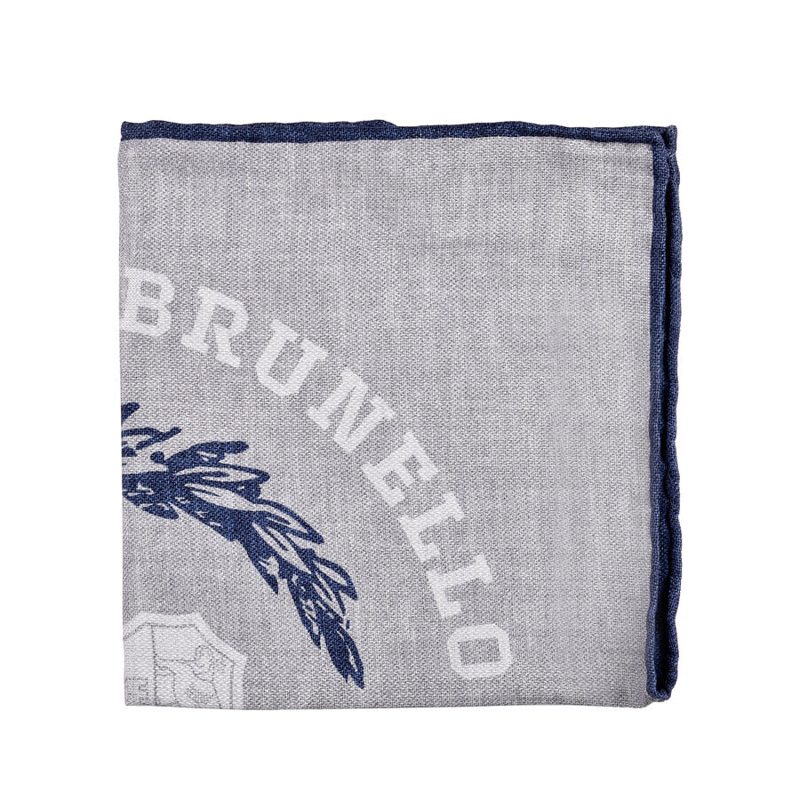 Brunello Cucinelli MenS Gray And Navy Patterned Pocketsquare