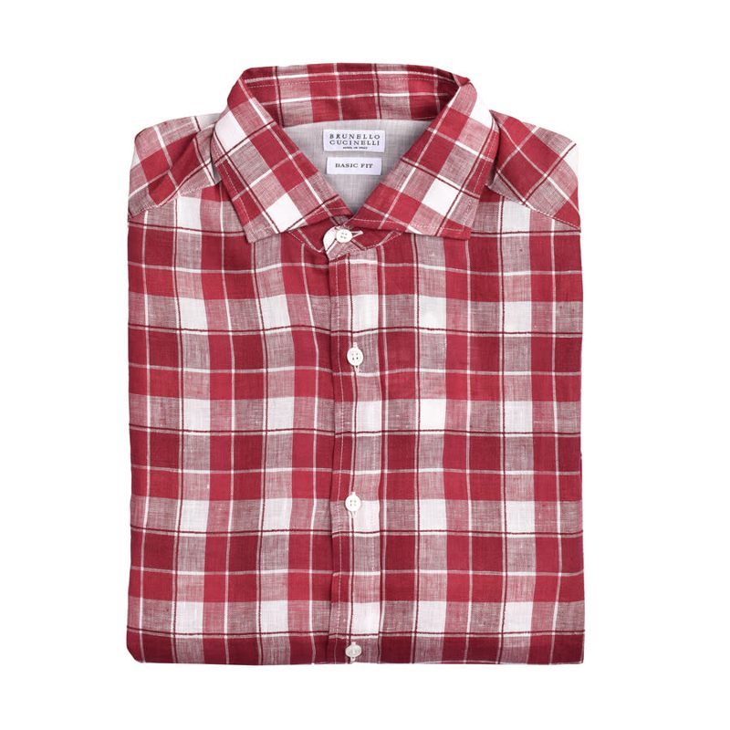 Brunello Cucinelli Red Linen Blend Plaid Button-Down Shirt