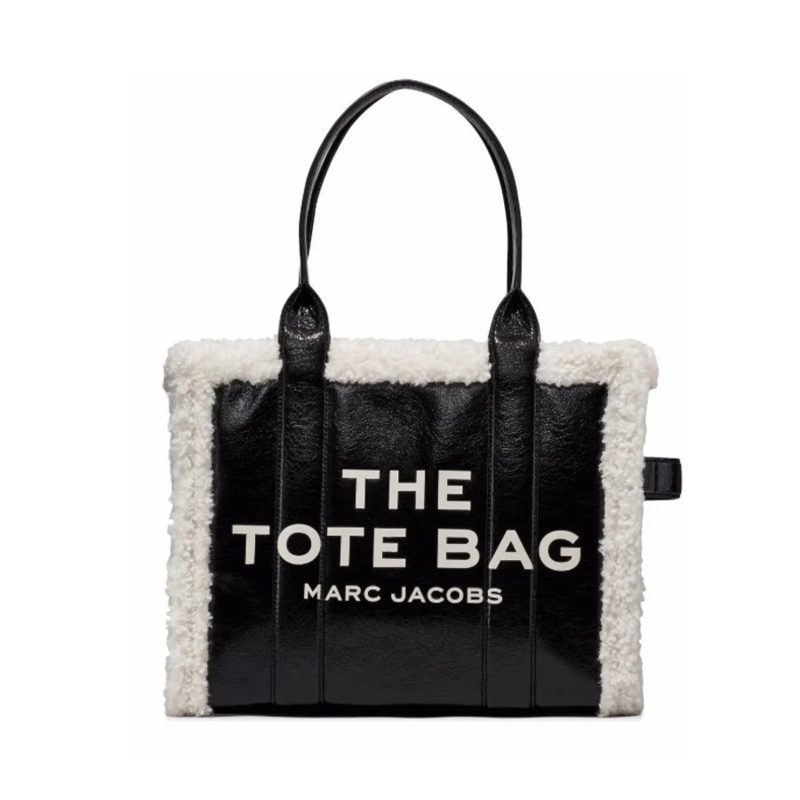 Crinkle Shearling Large Tote Bag Black/White