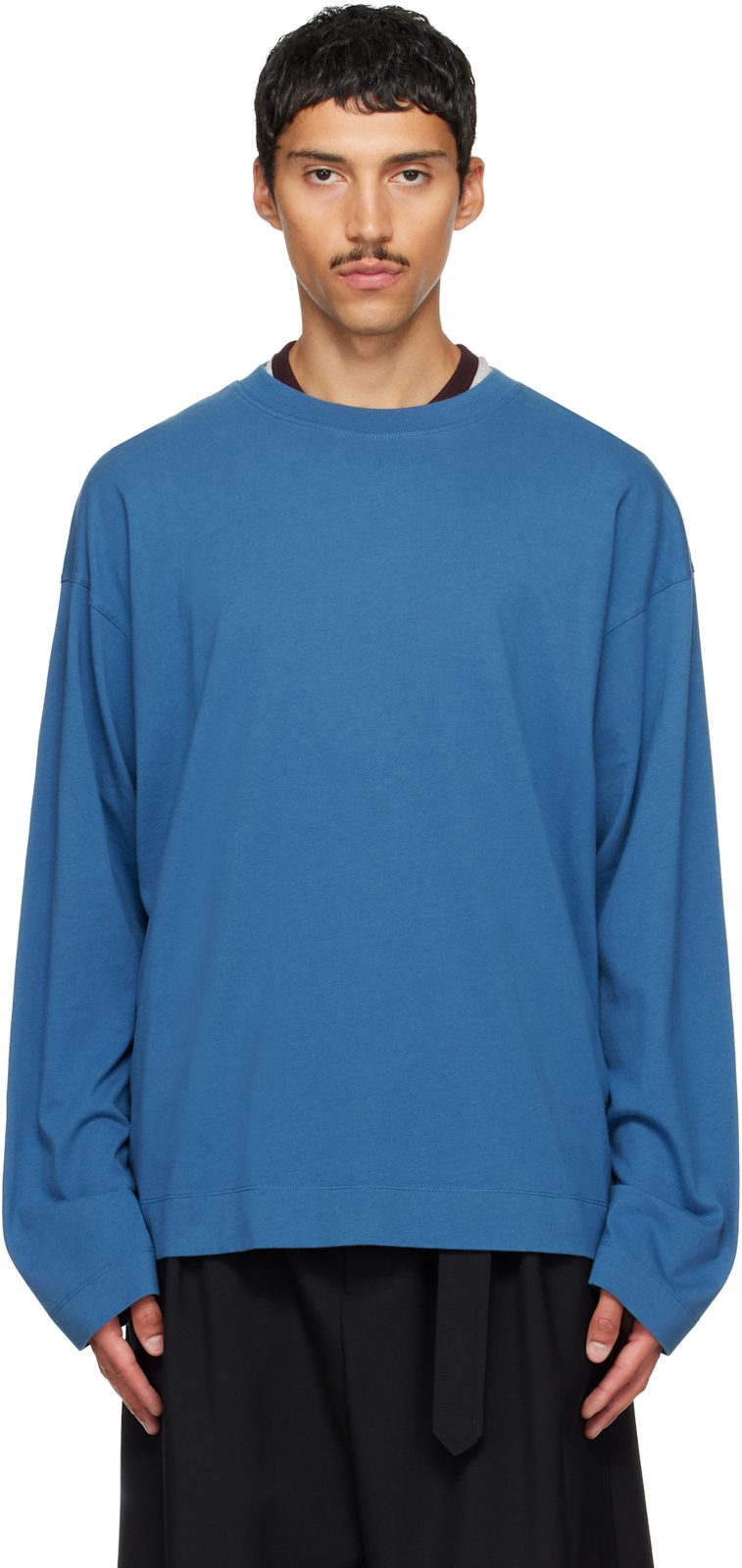 Blue Long Sleeve Cotton T-shirt 262358M213008