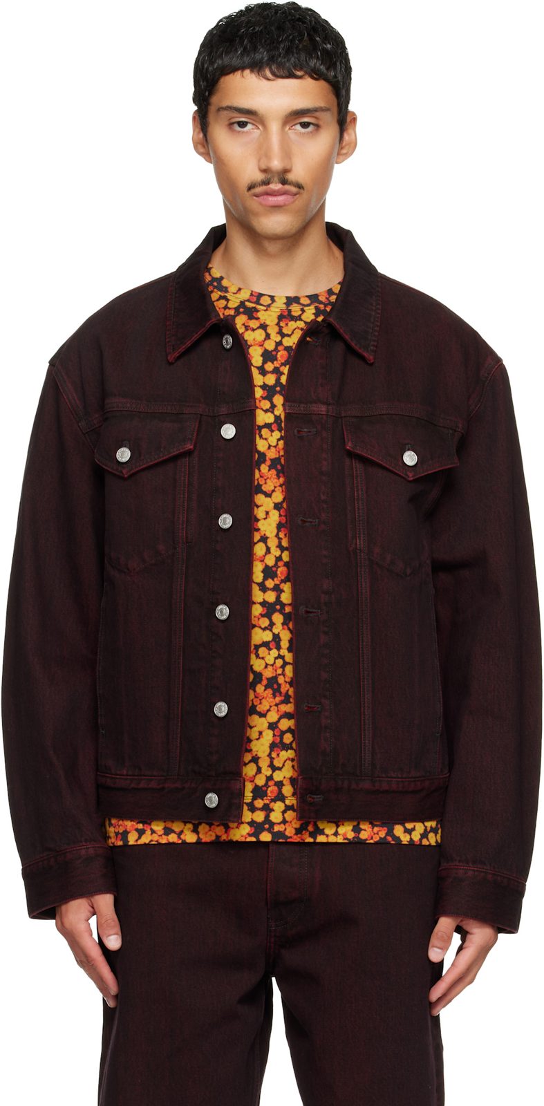 Burgundy Faded Denim Jacket 262358M177003
