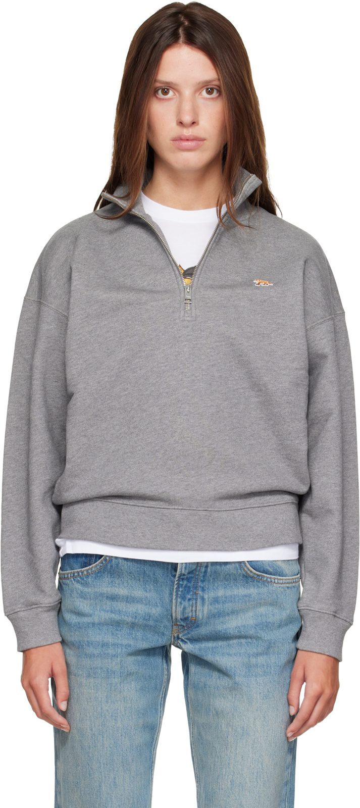 Maison Kitsune Gray Baby Fox Half Zipped Sweatshirt 262389F098003