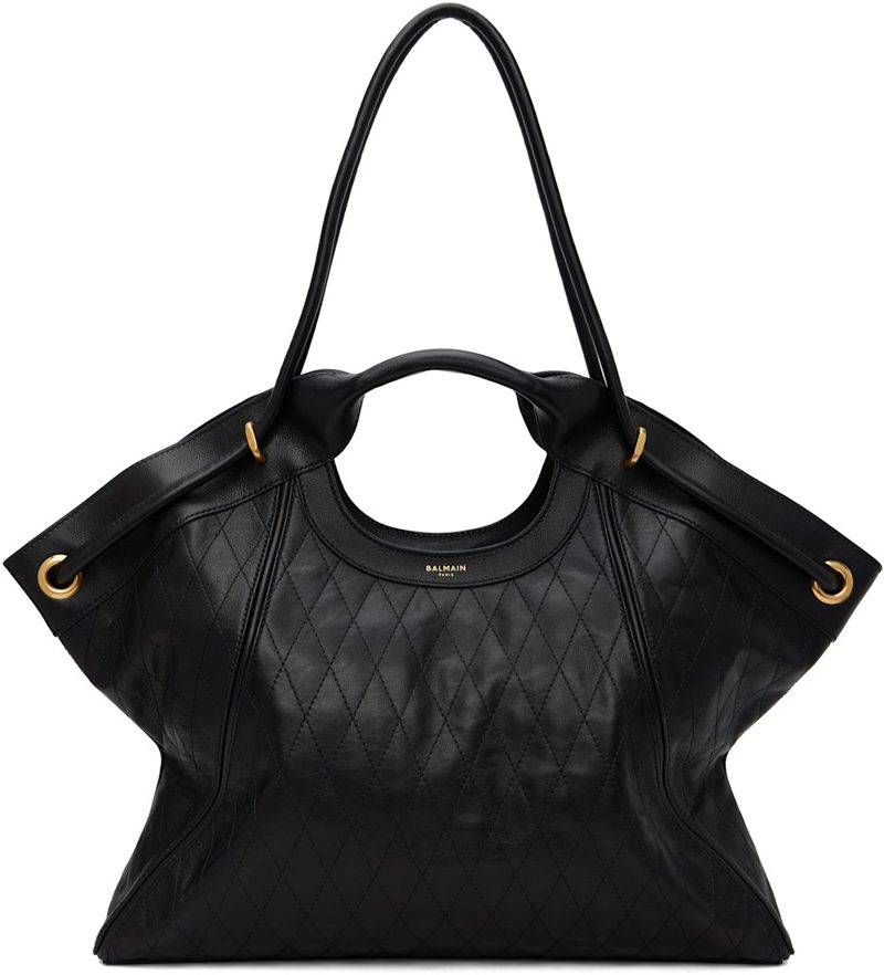 Black Topstitched Leather Large Tote 262251F049004