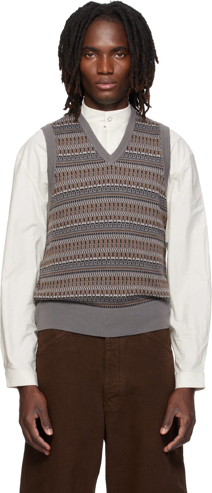 Gray V-Neck Jacquard Sweater Vest 262646M206000