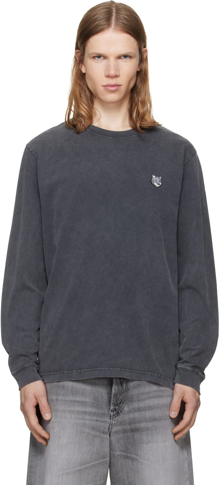 Maison Kitsune Gray Fox Head Faded Comfort Long Sleeve T-shirt 262389M213009
