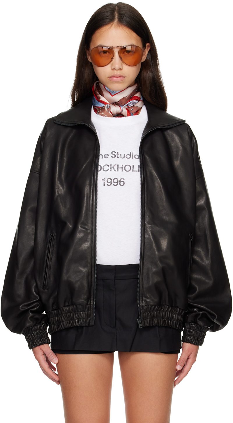 Black Blouson Leather Jacket 262129F064005
