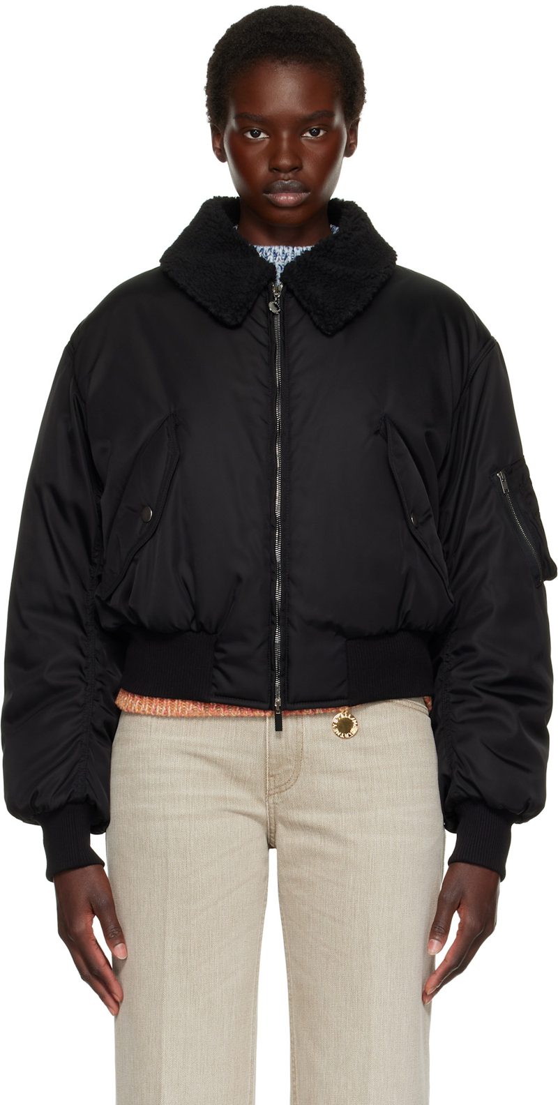 Black Collared Bomber Jacket 262471F058000