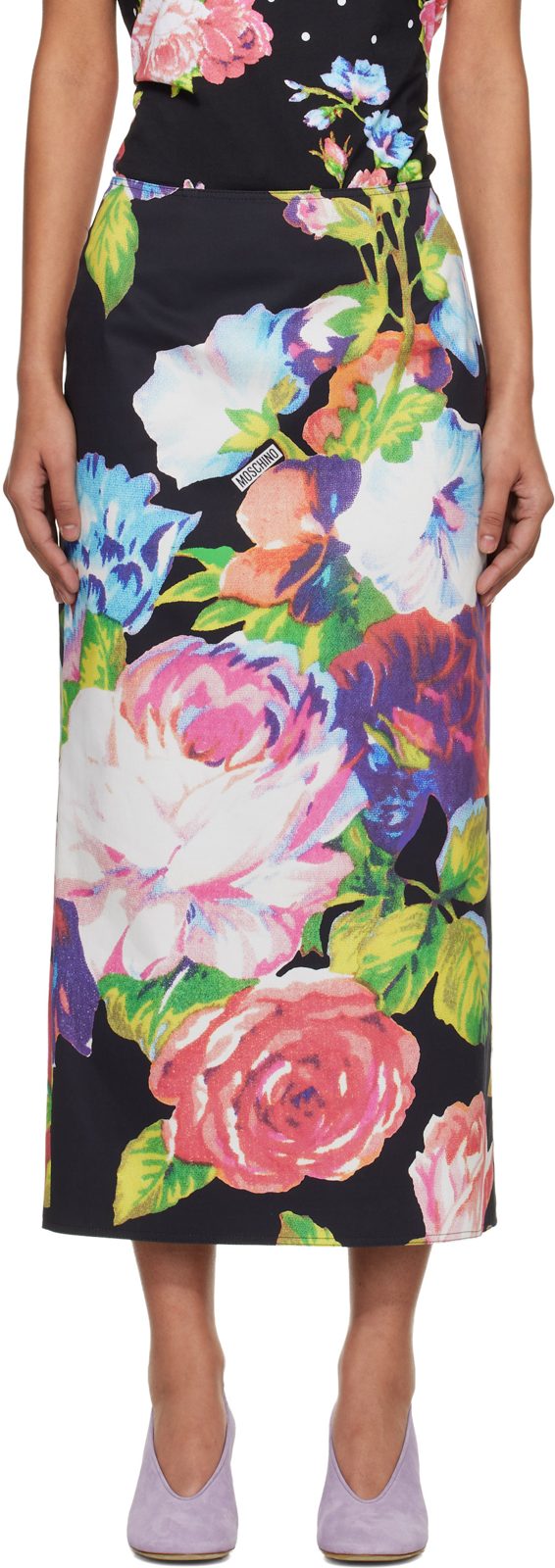 Moschino Black Printed Stretch Cotton Midi Skirt 261720F092001