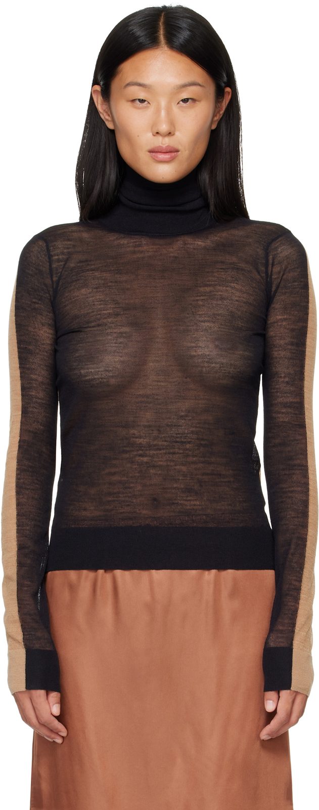 Black & Beige Front Back Pullover Turtleneck 262188F099002