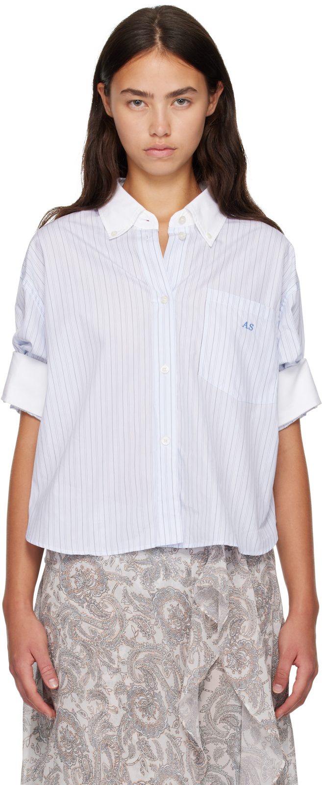 Blue Pinstripe Button-Up Shirt 262129F109004