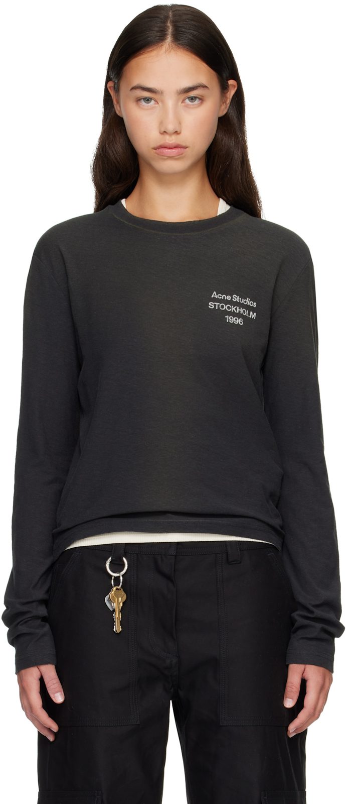Black Distressed Logo Long Sleeve T-shirt 262129F110074