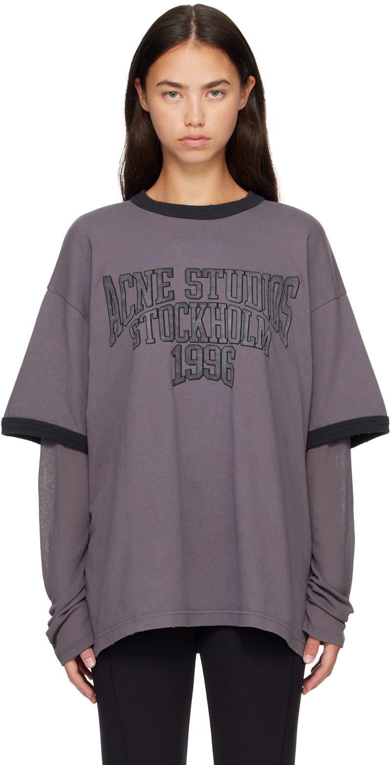 Gray Layered Graphic Long Sleeve T-shirt 262129F110065