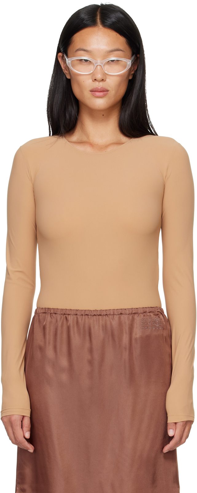 Beige Lycra Jersey Bodysuit 262188F358002
