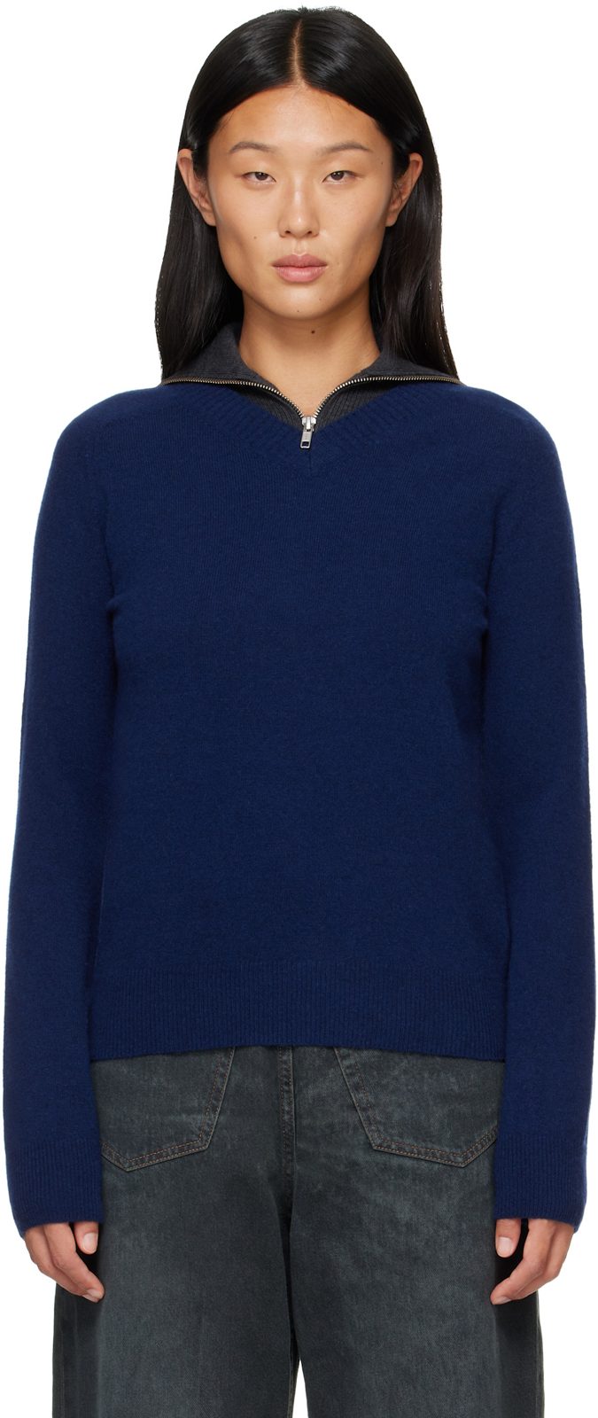 Navy & Gray Layered Neckline Pullover Sweater 262188F100004