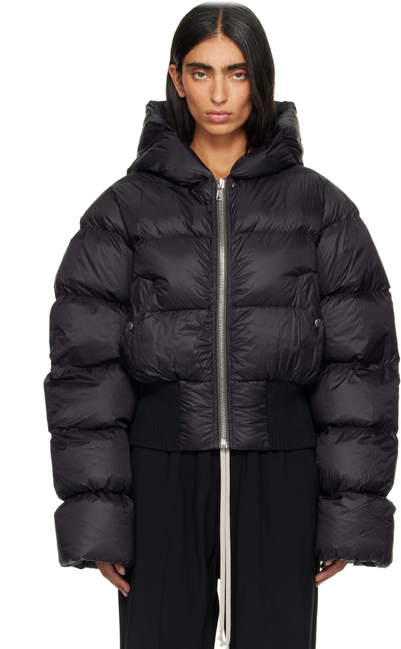 Black Tower Cinched Hooded Down Jacket 262232F061000