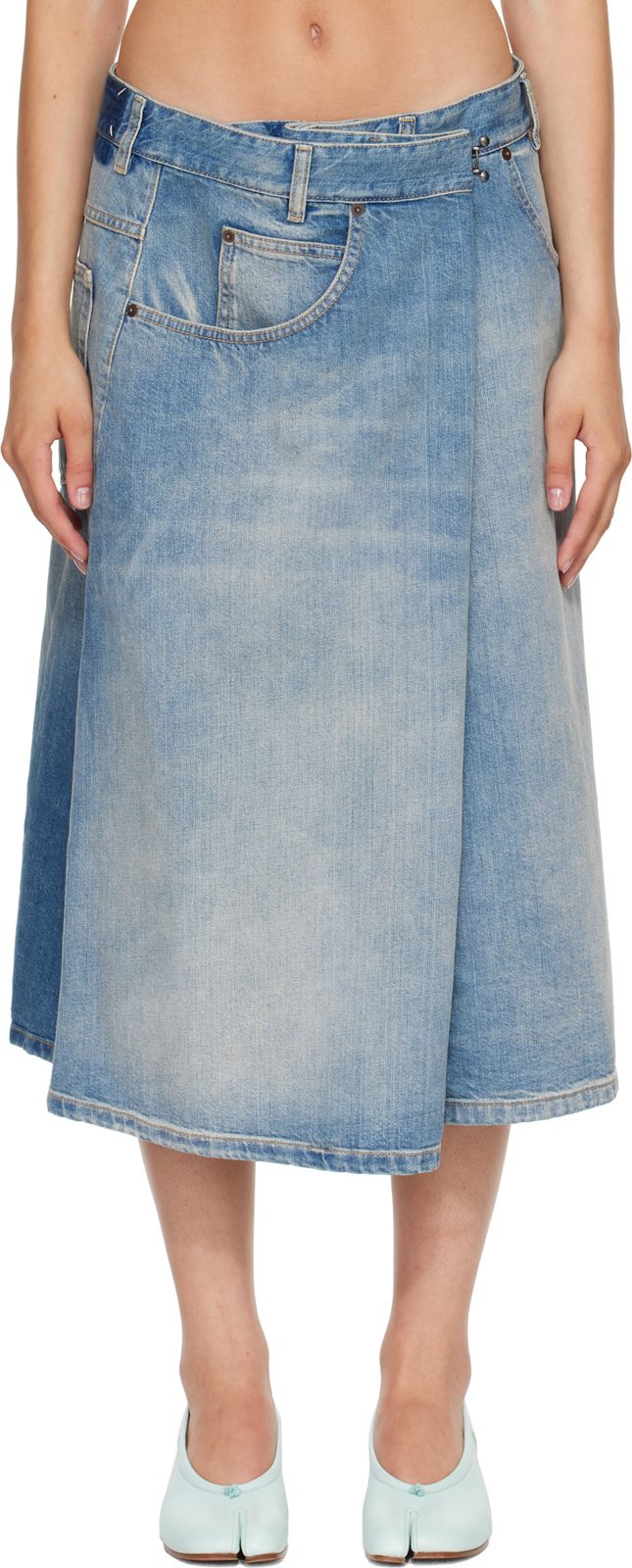 Blue Wrap Denim Midi Skirt 262168F092002