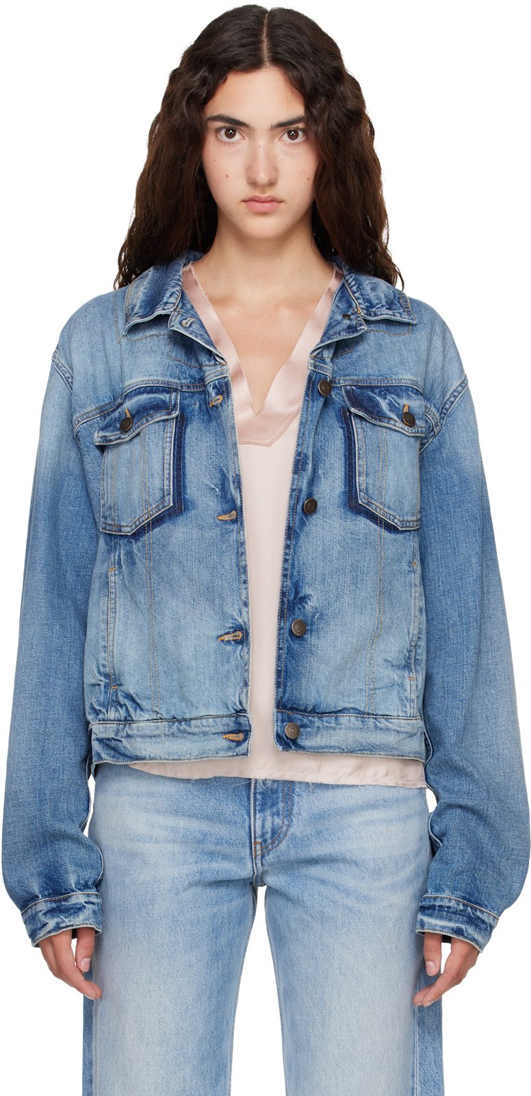 Blue Folded Collar Denim Jacket 262168F060000