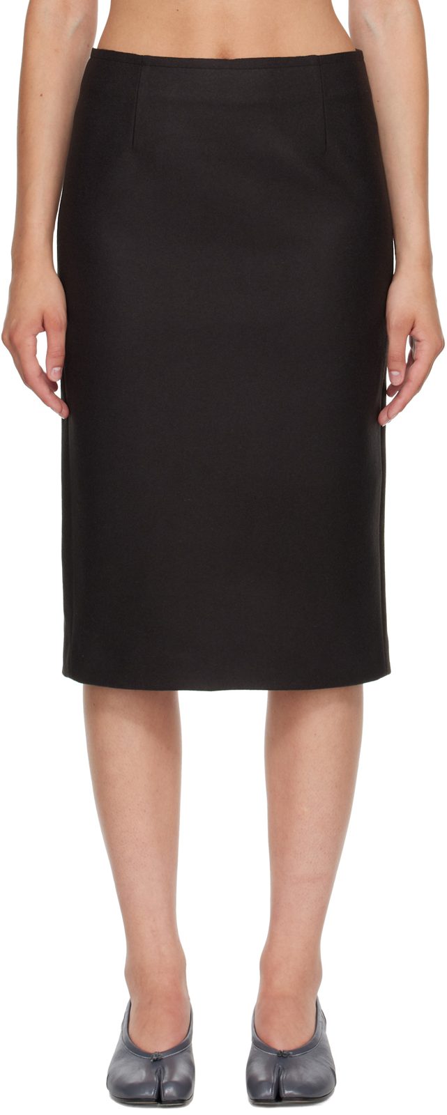 Black Wool Felt Midi Skirt 262188F092007