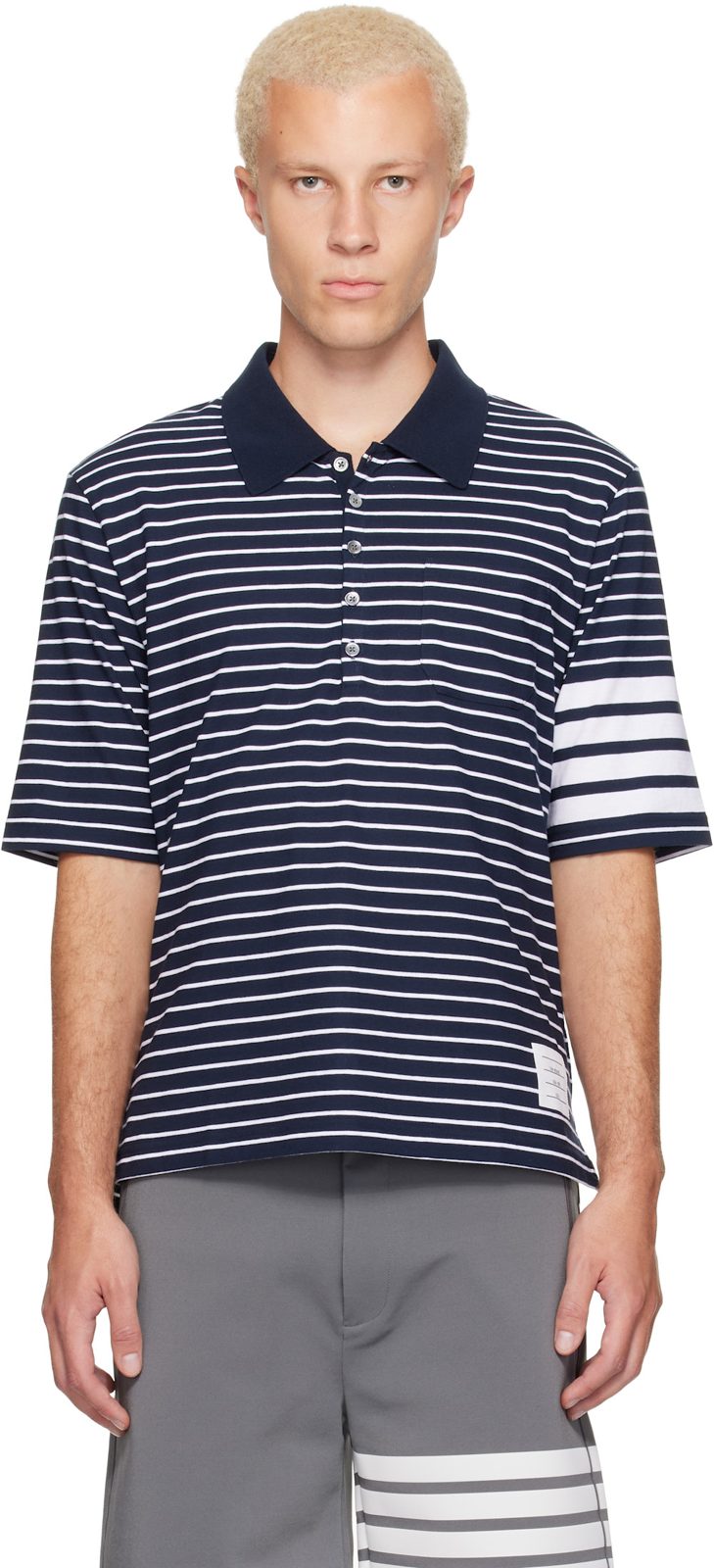Navy & White Jersey 4-Bar Polo 262381M212002