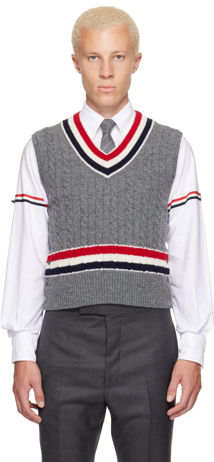 Gray Baby Cable V-Neck Cricket RWB Vest 262381M185001