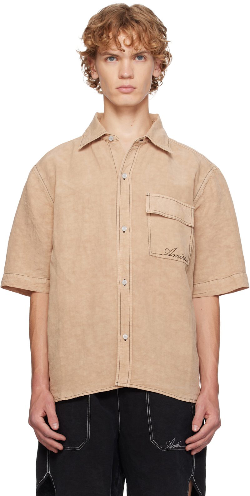 Beige Script Linen Shirt 262886M192026