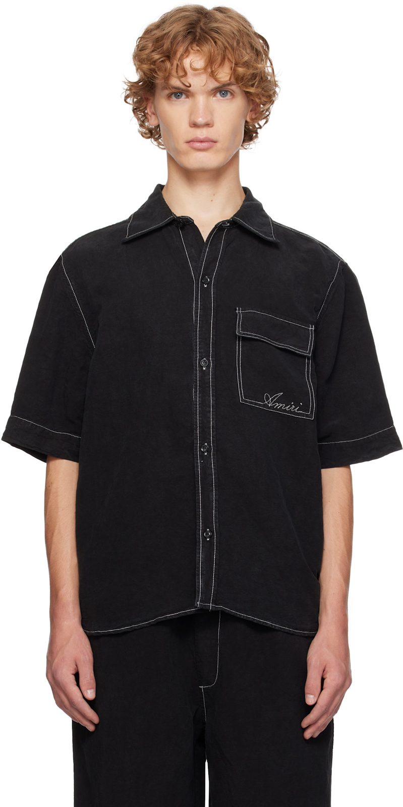 Black Script Linen Shirt 262886M192025