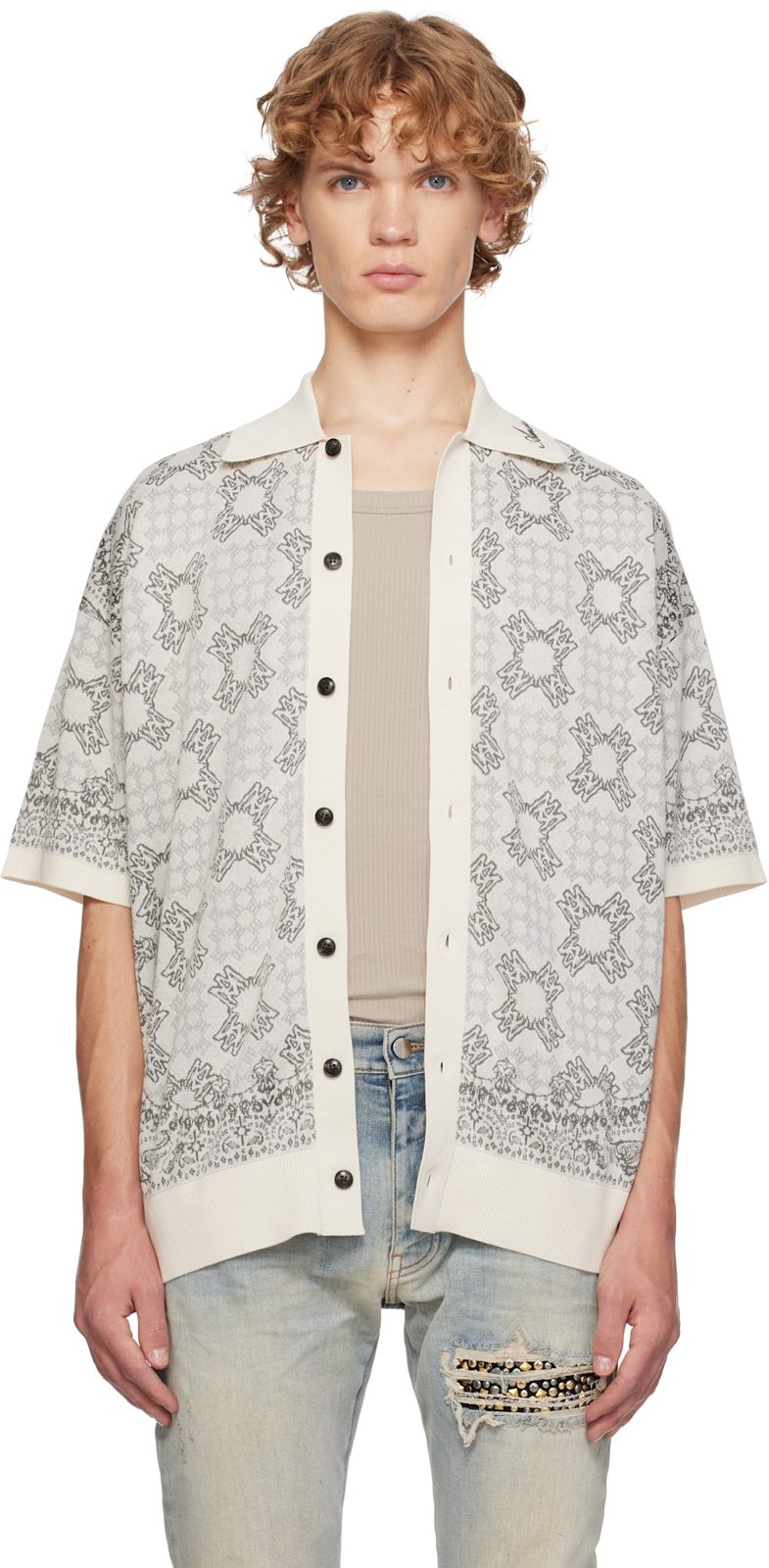 Beige MA Quad Check Mesh Knit Shirt 262886M192006