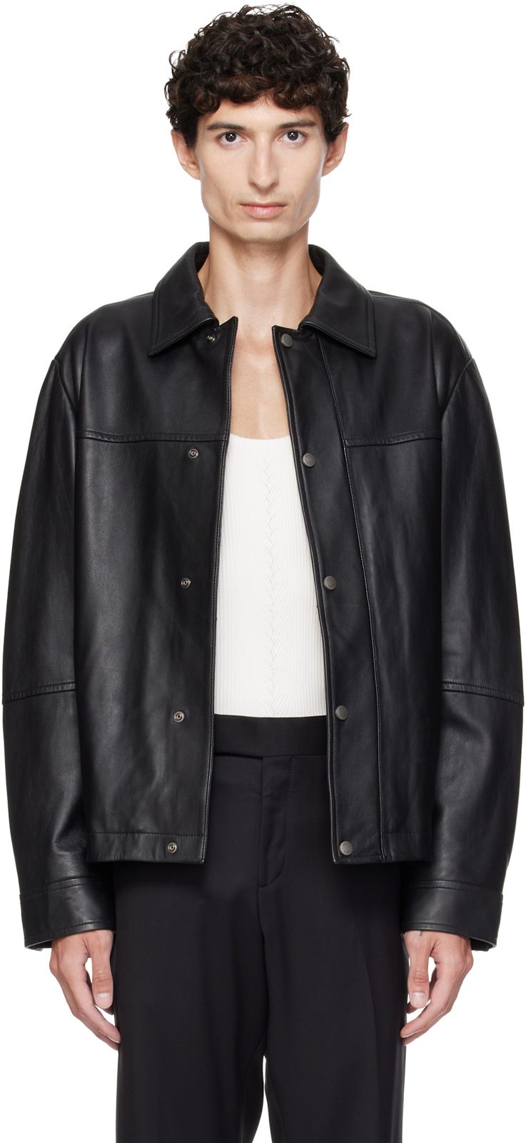 Black Regular-Fit Metal Logo Buttons Leather Jacket 262085M181004