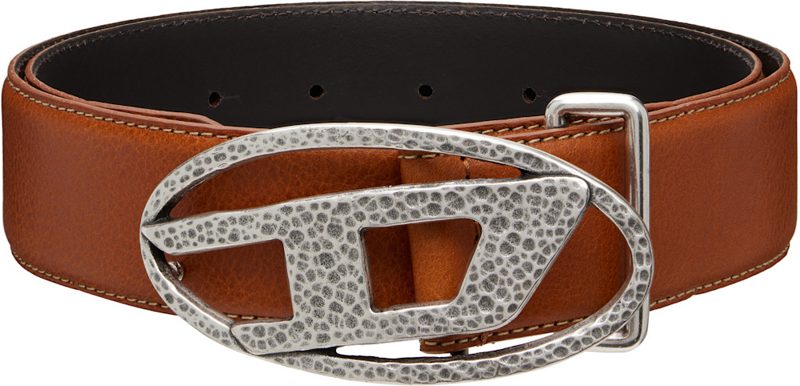 Brown 4cm Leather Hammered Oval D Buckle Belt 262001M131004