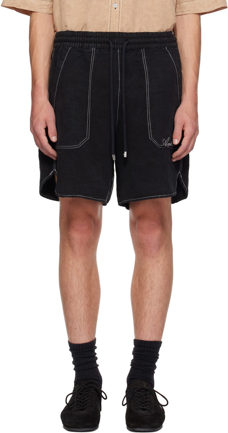 Black Script Linen GD Shorts 262886M193005