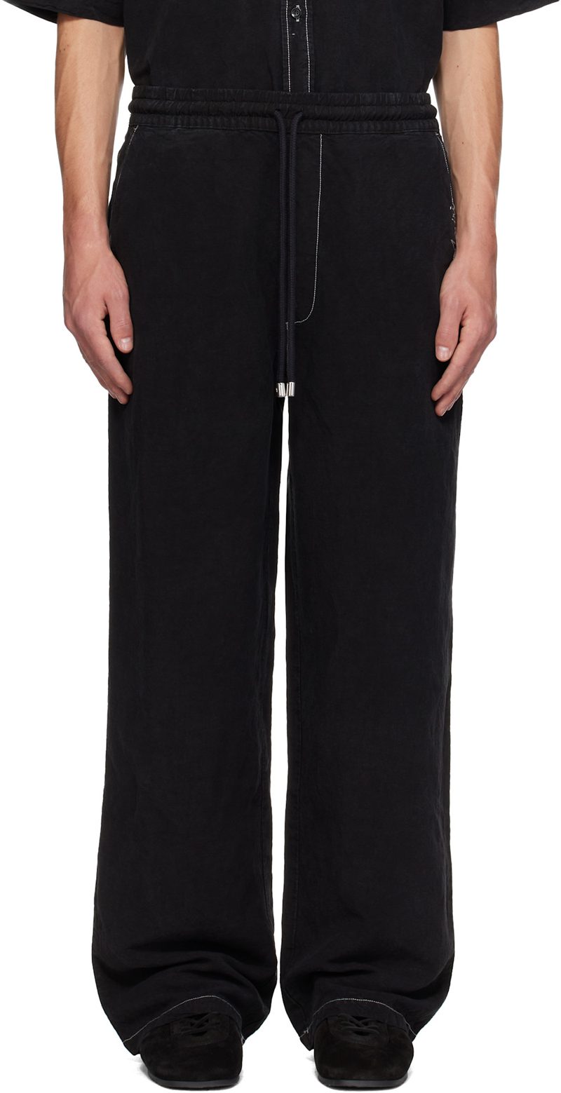 Black Script Linen GD Casual Trousers 262886M191000