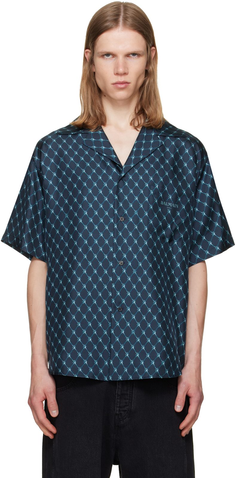 Navy Grid Print Silk Loose S/S Shirt 262251M192010