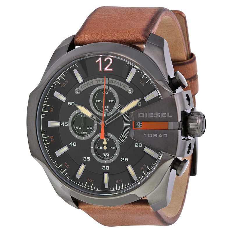 Mega Chief Black Dial Brown Leather Mens Quartz Watch DZ4343