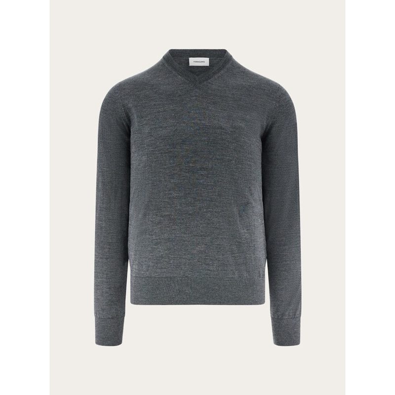 Charcoal Wool V Neck Sweater_Grey