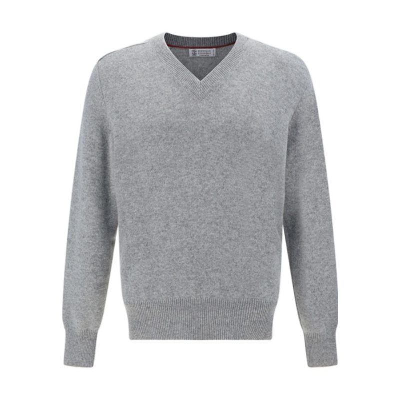 Brunello Cucinelli Light Grey Cashmere V-Neck Sweater_Grey