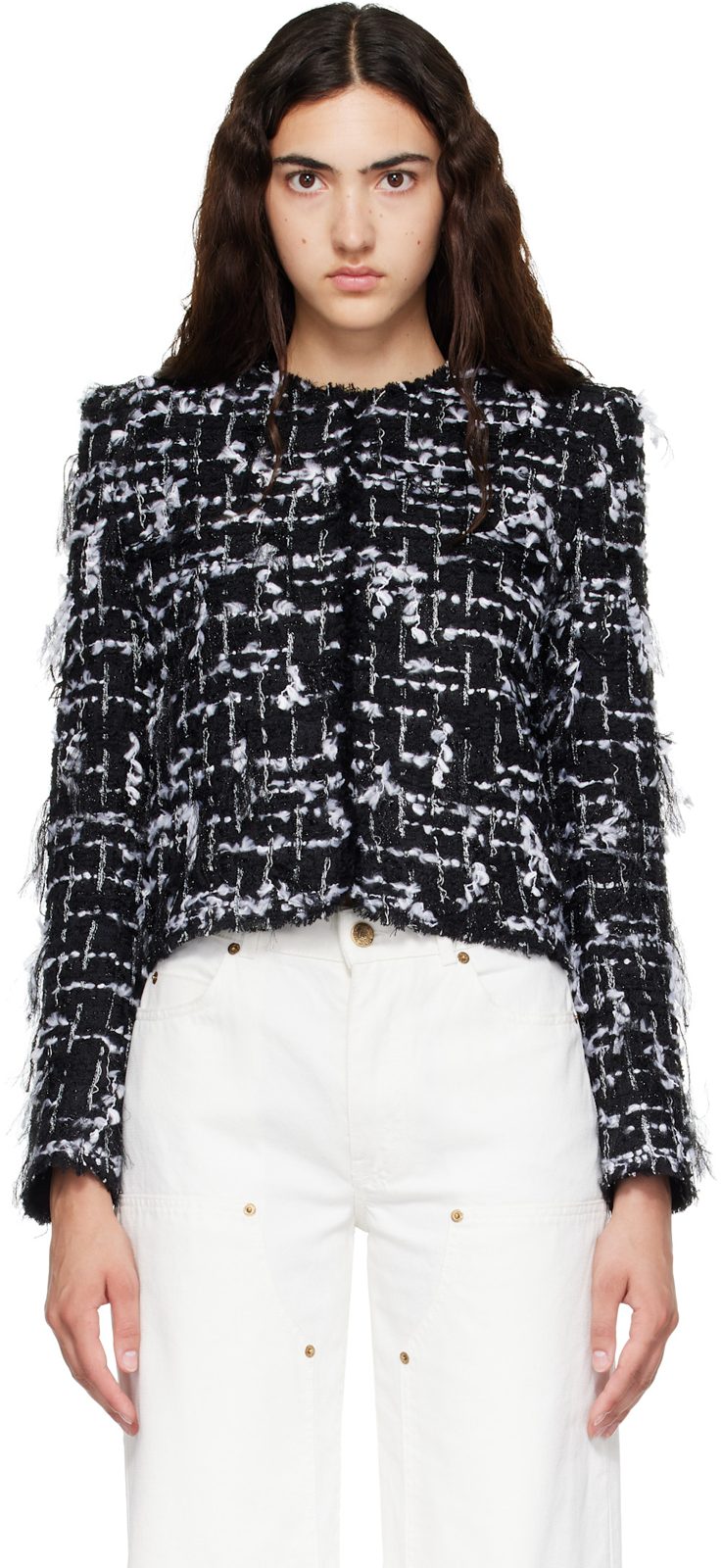 Black & White Cropped Fringed Tweed Jacket 262251F063001