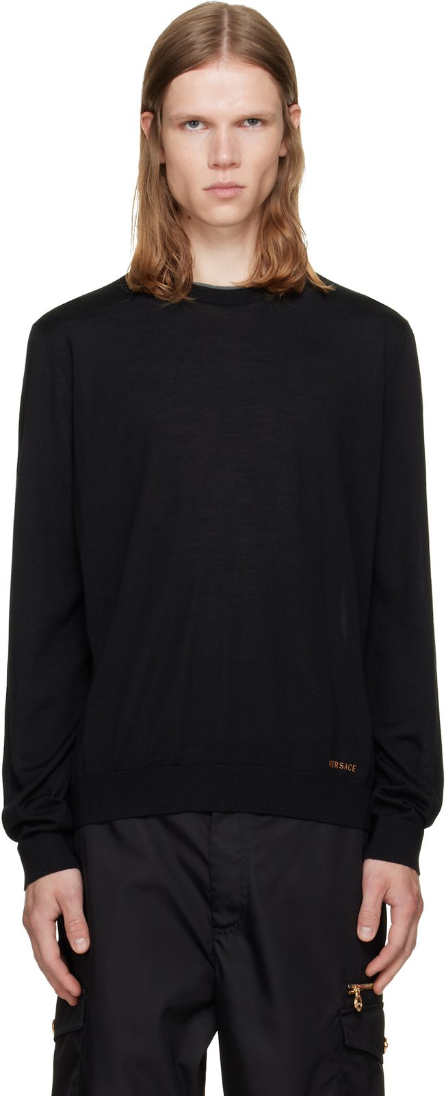 Black Embroidered Wool Knit Crewneck Sweater 262404M201008