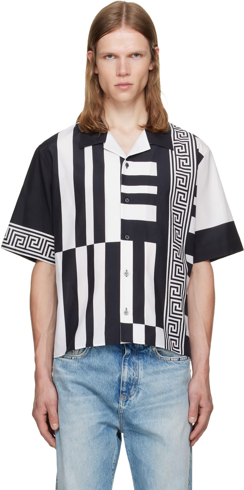 Black & White Printed Cotton Silk Shirt 262404M192005