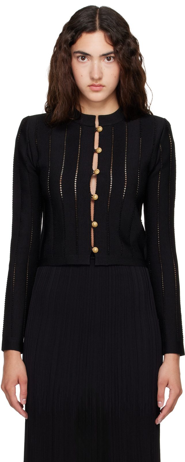 Black Cropped Flechage Knit Cardigan 262251F095000