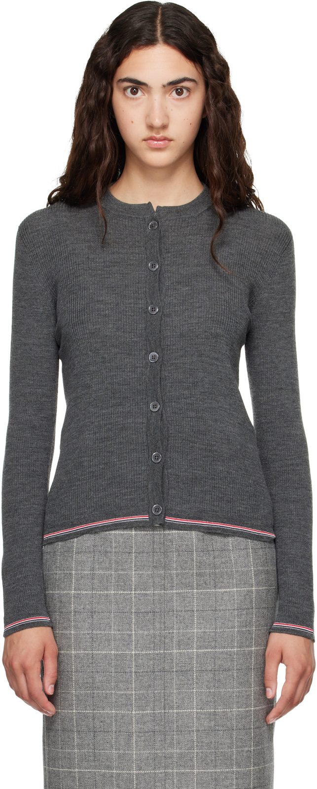 Gray Merino Wool Rib Stitch Cardigan 262381F095004