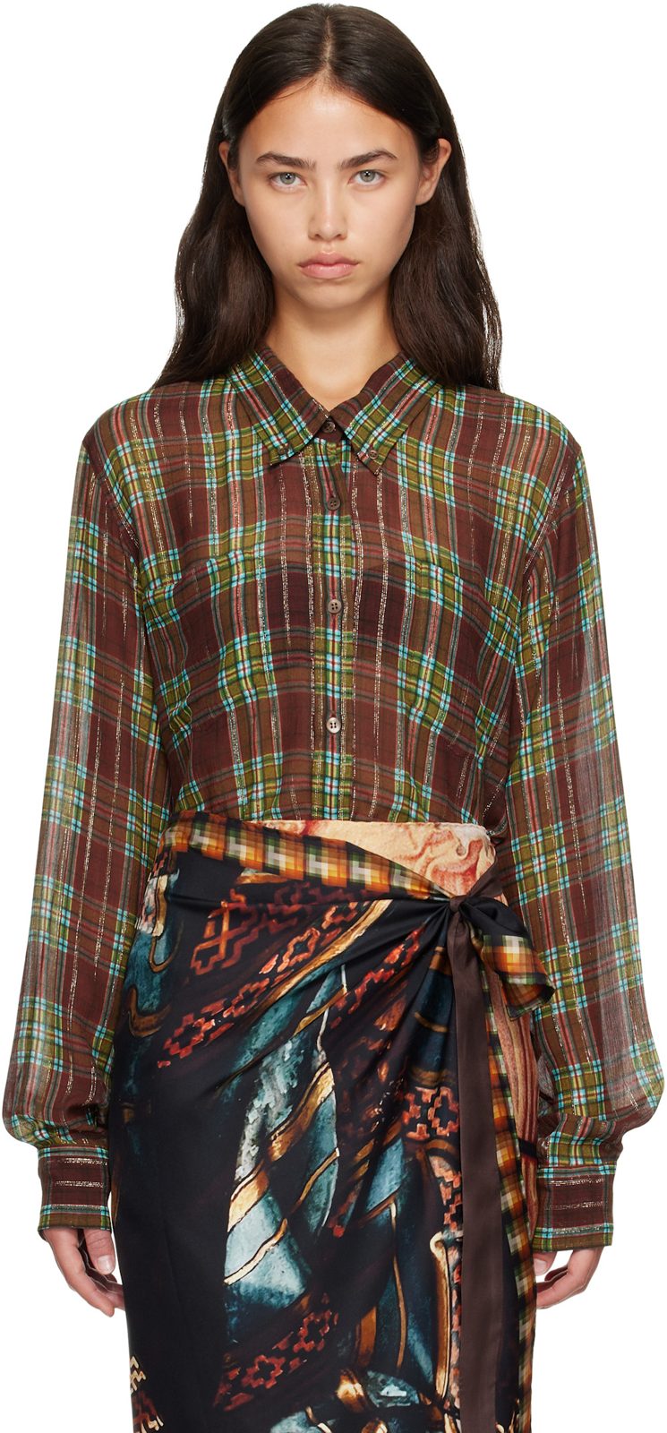 Burgundy Loose Lurex Shirt 262358F109022