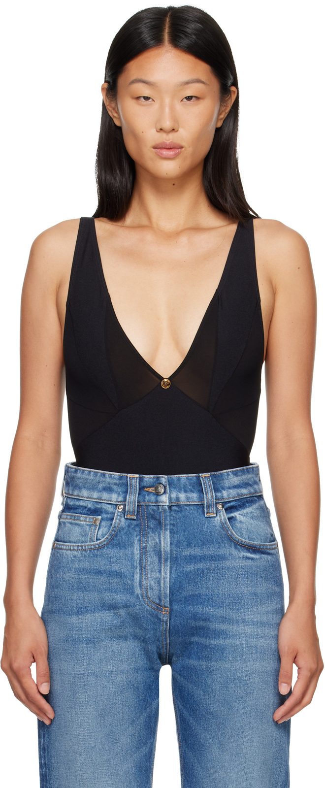 Black V-Neck Bodysuit 262404F358000