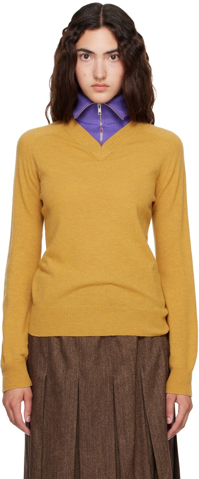Yellow Layered Neckline Sweater 262188F100005