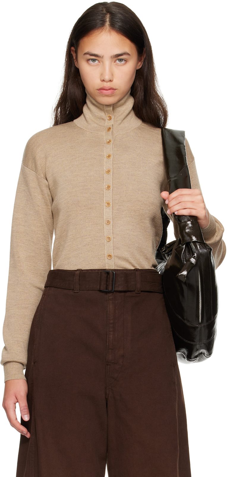 Beige Fine Wool Buttoned Cardigan 262646F099002